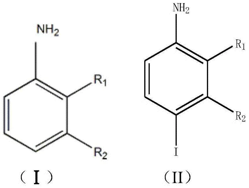 General reaction scheme showing the conversion of aniline derivatives (Formula I) to iodoaniline derivatives (Formula II) using iodate-intercalated hydrotalcite