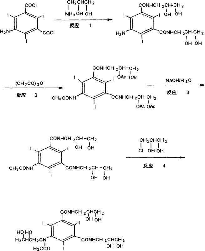 Reaction scheme showing the four-step synthesis of Iohexol including acetylation, protection, N-alkylation, and resin-mediated deprotection