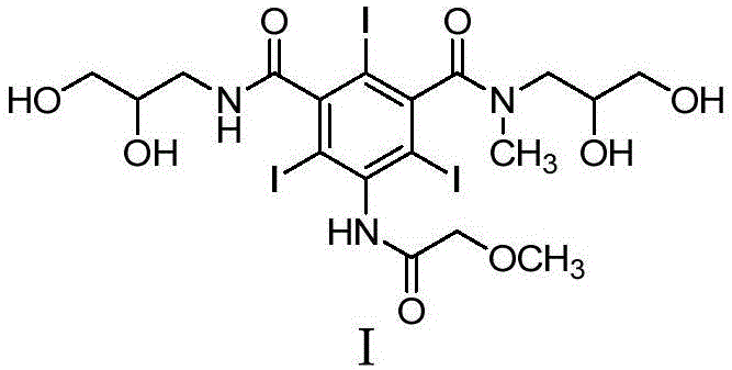 Chemical structure of Iopromide (Formula I) showing the triiodo benzene core and amide side chains