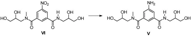 Specific reduction reaction converting Nitro compound VI to Amino compound V using Raney Nickel and Hydrazine