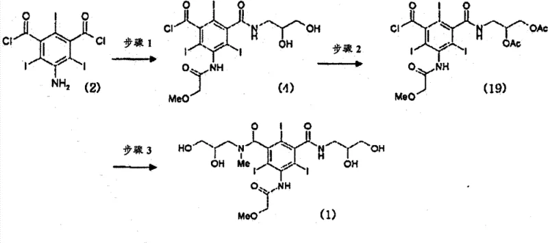 Reaction Scheme 5 showing the novel three-step synthesis of Iopromide using acetylated intermediates