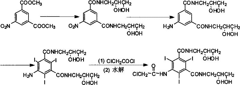 Conventional synthetic route for Ioversol intermediate showing nitro reduction and iodination steps