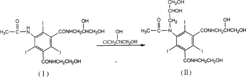 Chemical structure conversion of Ioxilan intermediate (I) to final drug substance (II) via alkylation