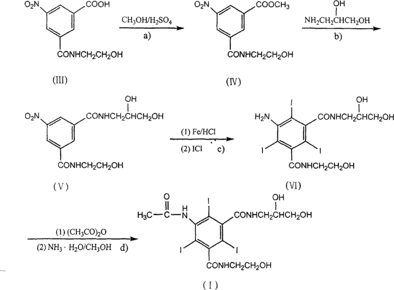 Complete synthetic pathway from Compound III to Target Compound I showing esterification, amidation, reduction-iodination, and acetylation steps