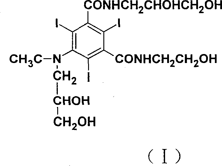 Chemical structure of Ioxilan (I) showing the triiodobenzene core and hydrophilic side chains