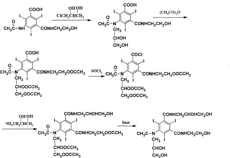 Legacy synthetic route for Ioxilan showing early alkylation and complex protection/deprotection steps