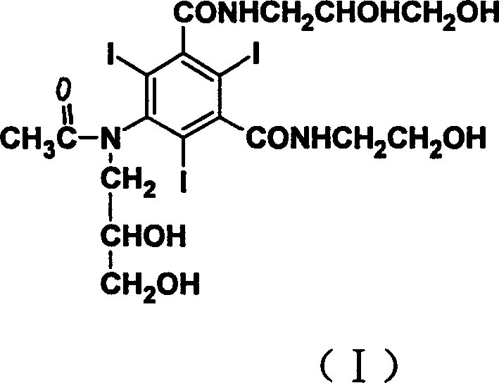 Chemical structure of Ioxilan showing the triiodinated benzene core and asymmetric side chains