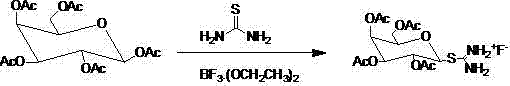 Chemical reaction showing the formation of S-tetraacetylgalactose isothiourea fluoride salt from penta-acetyl galactose and thiourea