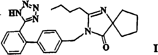 Chemical structure of Irbesartan (Formula I) showing the biphenyl tetrazole core