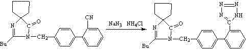 Reaction scheme showing the conversion of nitrile precursor to Irbesartan using NaN3 and NH4Cl
