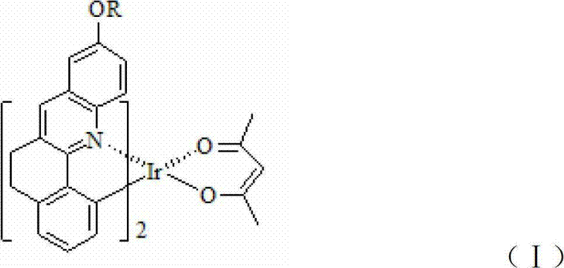 Chemical structure of the novel phenylquinoline iridium complex (DHBA)2Ir(acac) showing the rigid ligand framework