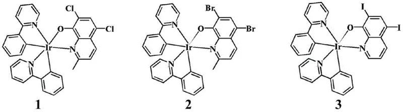Chemical structures of novel iridium complexes Ir1, Ir2, and Ir3 showing halogen substitutions