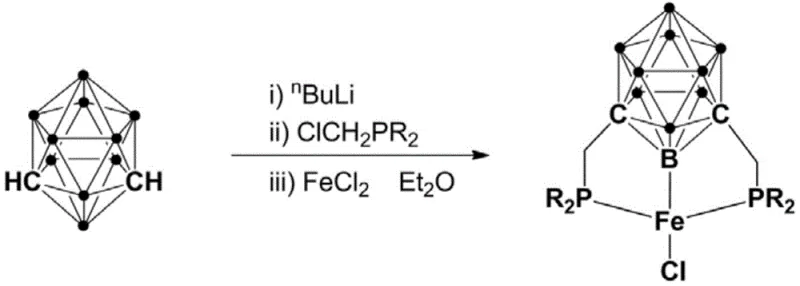 Synthesis route of the bisphosphine meta-carborane iron complex via lithiation and metallation