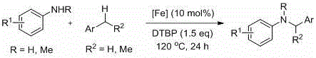 General reaction scheme for the synthesis of benzylamines via iron-catalyzed oxidative coupling of aromatic amines and toluene derivatives