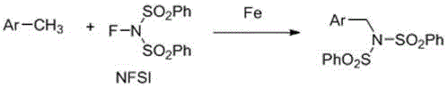 Reaction scheme showing iron-catalyzed direct amination of Ar-CH3 with NFSI to form benzylamine derivatives