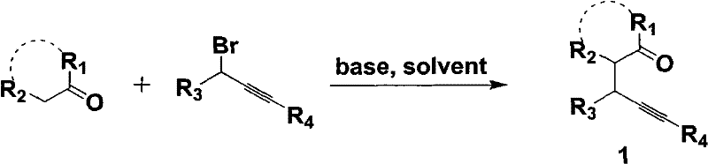 Synthesis of 4-pentynone precursor via alkylation of ketone with propargyl bromide