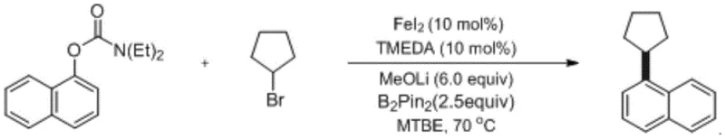 Reaction scheme showing iron-catalyzed reductive coupling of 1-diethylcarbamate naphthalene with bromocyclopentane to form 1-cyclopentylnaphthalene