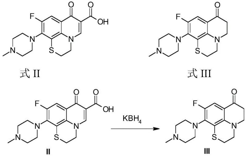 Chemical reaction scheme showing the reductive decarboxylation of rufloxacin derivative II to quinolinone III using potassium borohydride