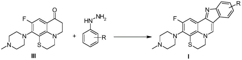 Reaction mechanism illustrating the Fischer indole synthesis between quinolinone III and phenylhydrazine to form the indoloquinoline core I