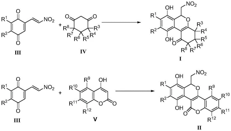 General reaction scheme showing the synthesis of Isochromene compounds I and II from precursors III and IV/V