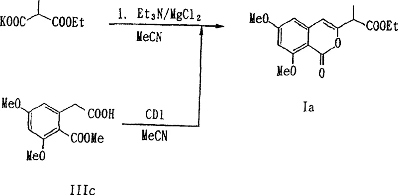 One-pot synthesis reaction scheme converting Compound IIIc to Compound Ia using potassium salt of ethyl methylmalonate, Et3N, MgCl2, and CDI