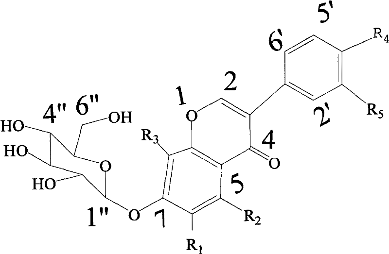 General chemical structure of Isoflavone 7-O-glucoside derivatives showing variable substituents