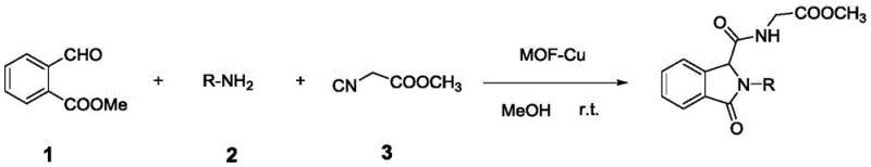 General reaction scheme for MOF-Cu catalyzed three-component Ugi reaction