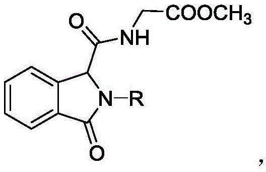 General chemical structure of isoindolinone-substituted alpha-acyloxyamide dipeptide derivatives showing variable R group