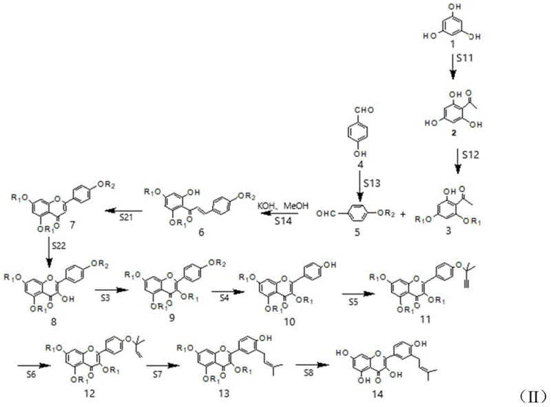 Complete synthetic route for Isolicoflavonol showing chalcone formation, oxidative cyclization, and Claisen rearrangement steps