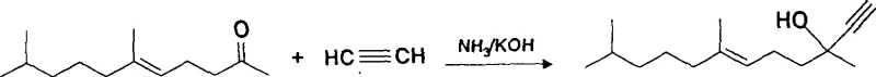 Reaction scheme showing the ethynylation of dihydrogeranylacetone to dehydrodihydronerolidol using NH3 and KOH