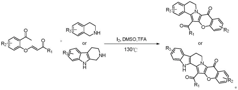 General reaction scheme showing the synthesis of isoprispirin derivatives from o-acetphenoxy acrylates and tetrahydroisoquinolines