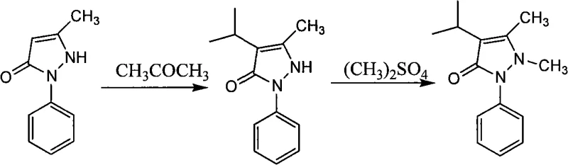 Reaction scheme showing the synthesis of Isopropylantipyrine from Pyrazolone via Isopropylpyrazolone intermediate