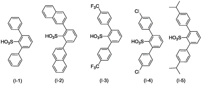 Specific examples of arylbenzenesulfonic acid ligands (I-1 to I-5) with varying steric bulk