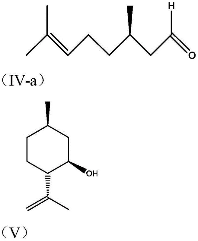 Chemical reaction scheme showing the cyclization of R-(+)-citronellal (IV-a) to L-(-)-n-isopulegol (V-a)
