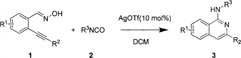 General reaction scheme for the synthesis of 1-(N-substituted amino)isoquinoline compounds using AgOTf catalysis