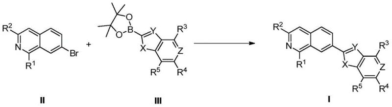 General Suzuki coupling reaction scheme showing the convergence of isoquinoline and heterocyclic fragments