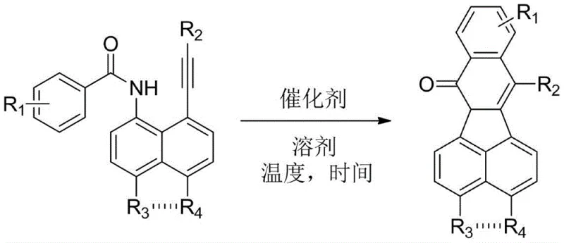 General reaction scheme showing the copper-catalyzed conversion of 8-alkynyl-1-aroyl naphthylamine to isoquinolinone derivatives