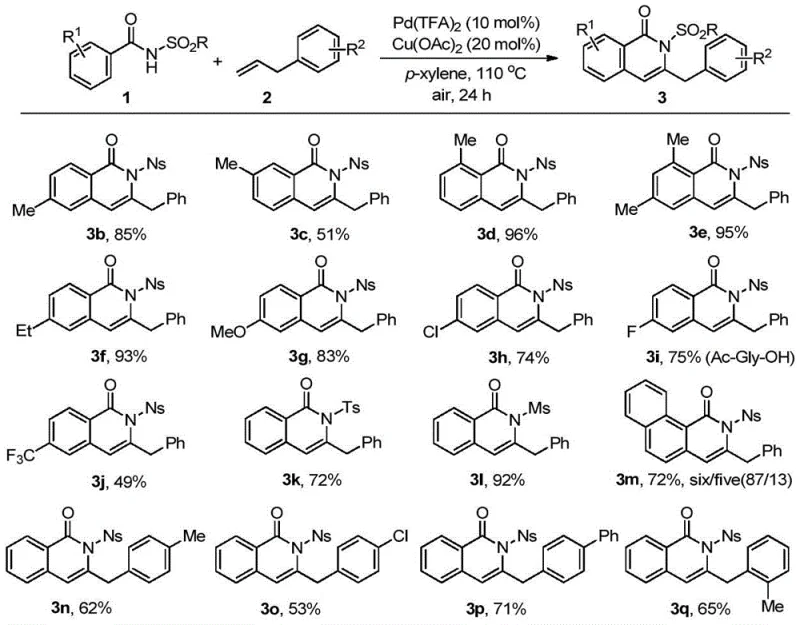 Substrate scope showing diverse isoquinolone derivatives synthesized with high yields