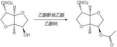 Reaction scheme showing the acetylation of 2-isosorbide mononitrate to 5-O-acetyl-2-isosorbide dinitrate via melt acetylation