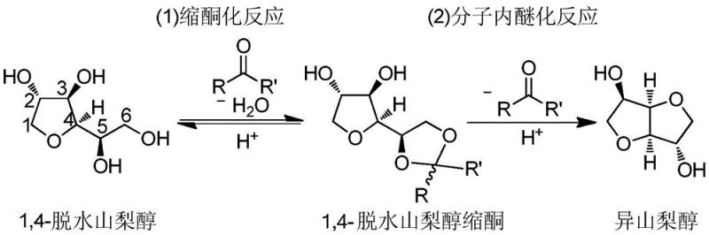 Reaction mechanism showing 1,4-sorbitan conversion to isosorbide via ketal intermediate