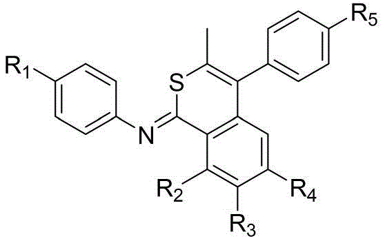 General structural formula of isothiochromene derivatives showing variable substituent positions R1 through R5