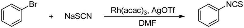 General reaction scheme showing Rh-catalyzed conversion of bromobenzene to phenyl isothiocyanate
