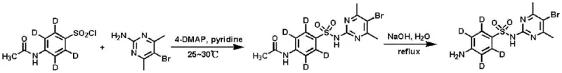 Final coupling and hydrolysis reaction mechanism converting sulfonyl chloride to isotope labeled sulfadimidine