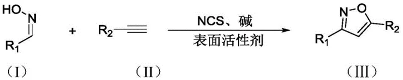 General reaction scheme showing aldoxime and alkyne reacting with NCS and base in TPGS-750-M water solution to form isoxazole