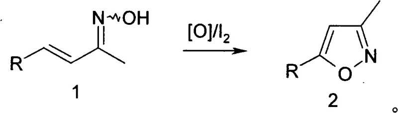 Reaction scheme showing the conversion of alpha,beta-unsaturated oxime to isoxazole derivative using catalytic iodine and oxidant