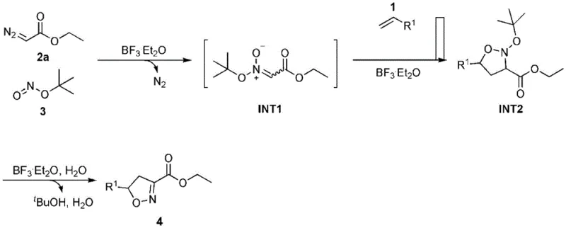 Reaction mechanism showing nitrile oxide intermediate formation and cycloaddition