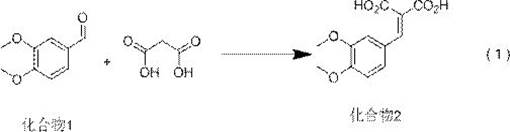 Reaction scheme showing Knoevenagel condensation of veratraldehyde with malonic acid to form Compound 2 using ammonium acetate catalyst