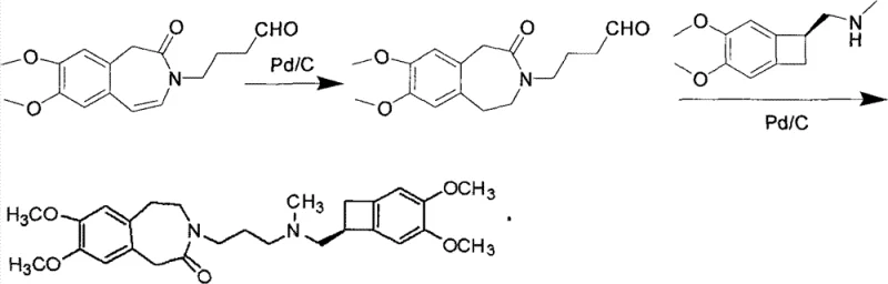 Reaction scheme of the conventional synthesis route (EP 0534859) highlighting chromatographic steps