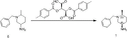 Chemical structure of the resolution step yielding the target 3R 6S enantiomer using tartaric acid derivatives