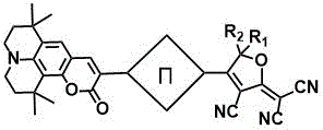 General chemical structure of the D-pi-A organic second-order nonlinear optical chromophore showing julolidine donor and tricyanofuran acceptor